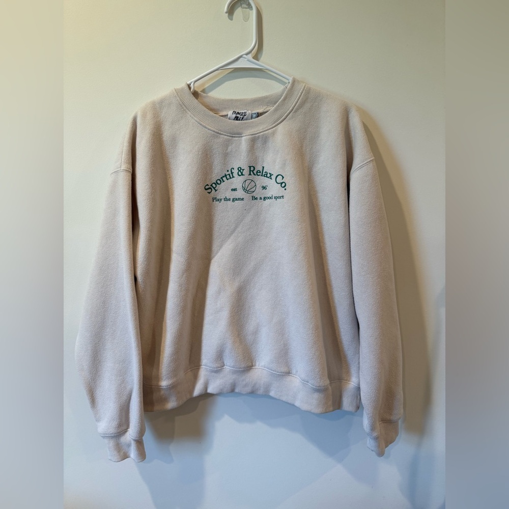 Princess Polly Cream Sweatshirt with Green Embroidery